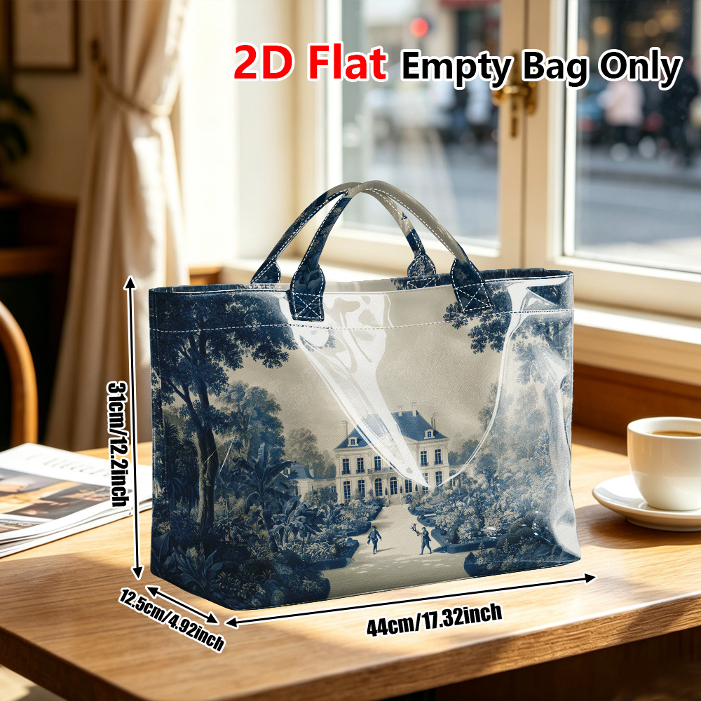 TEMU 1 sac d'épicerie réutilisable, sac fourre-tout imprimé 2D plat avec scène de jardin de maison, sac à main en PVC brillant de grande , sac à