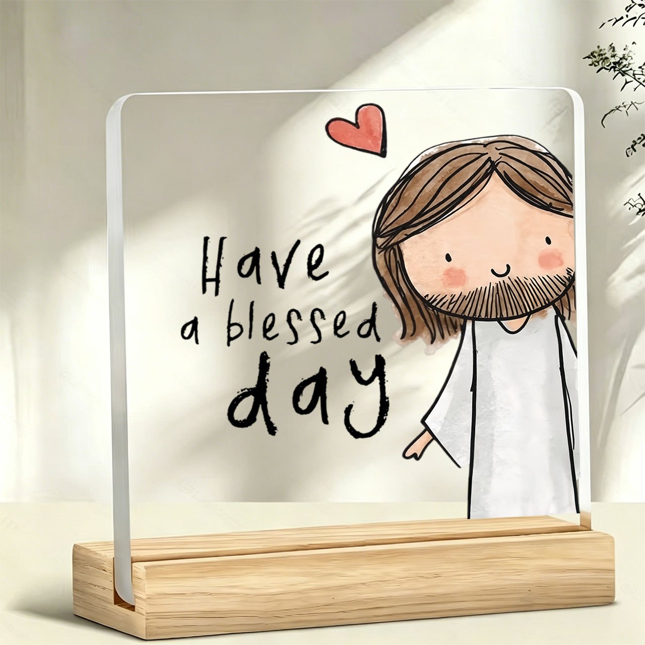 TEMU 1pc Jesus Figure Standing Ornament With Wooden Base & Heart-shaped Acrylic Top - Religious Paperweight Suitable For Home Office Desk Decor,