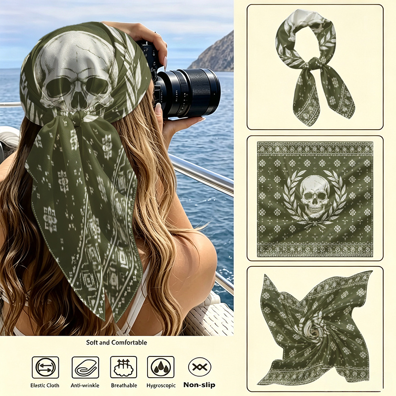 item picture womens novelty headscarf 1pc skull with wreath details soft stylish beautiful and multifunctional headband suitable for   lightweight and elegant   shopping parties and beach vacations square scarf