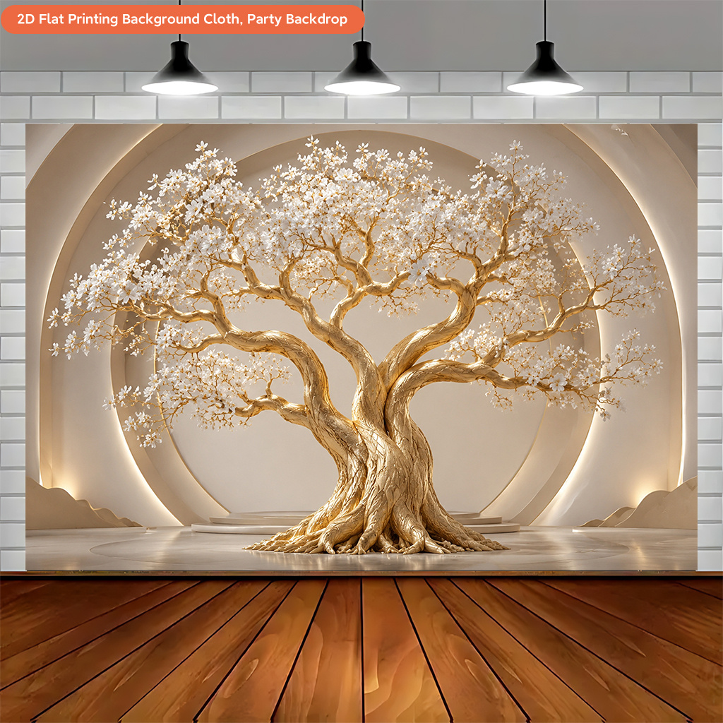 Golden Tree with White Flowers Backdrop Cloth for Holiday Party