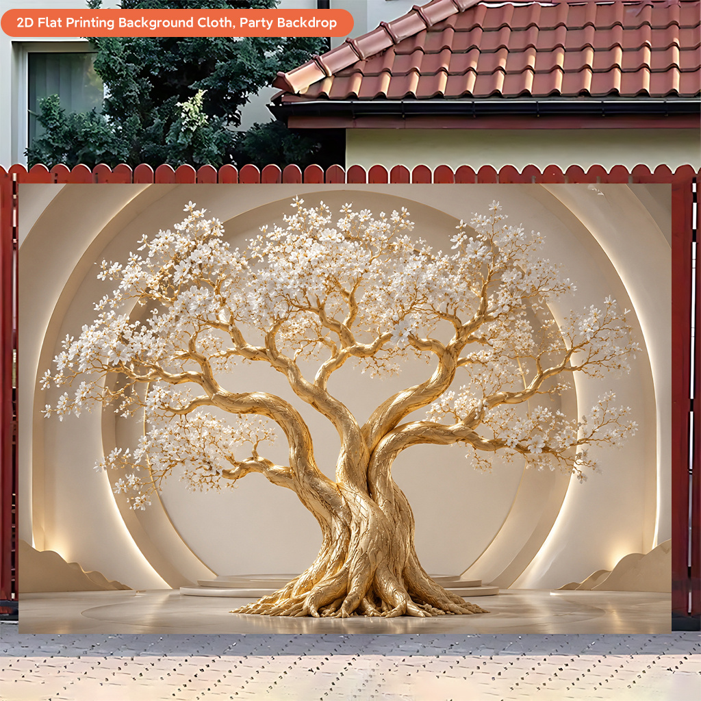 Golden Tree with White Flowers Backdrop Cloth for Holiday Party
