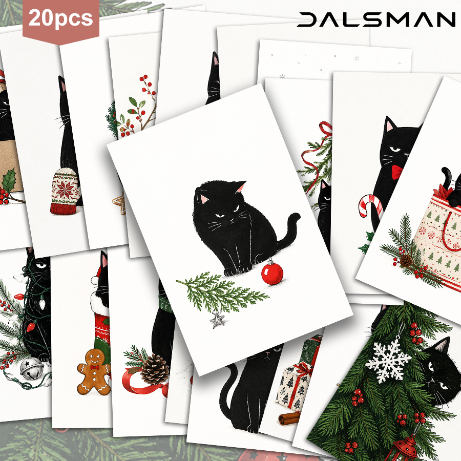 TEMU 20pcs Suitable For Christmas Postcards Set With Black Cat - English Greeting Cards For Birthdays,, Winter Parties | Cute Stationery Suitable For