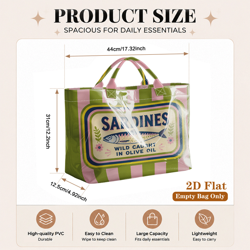 TEMU Sac fourre-tout de voyage plat 2D, 1 pièce en PVC, sacs d'épicerie réutilisables, illustration de , impression de style rétro, sac à main