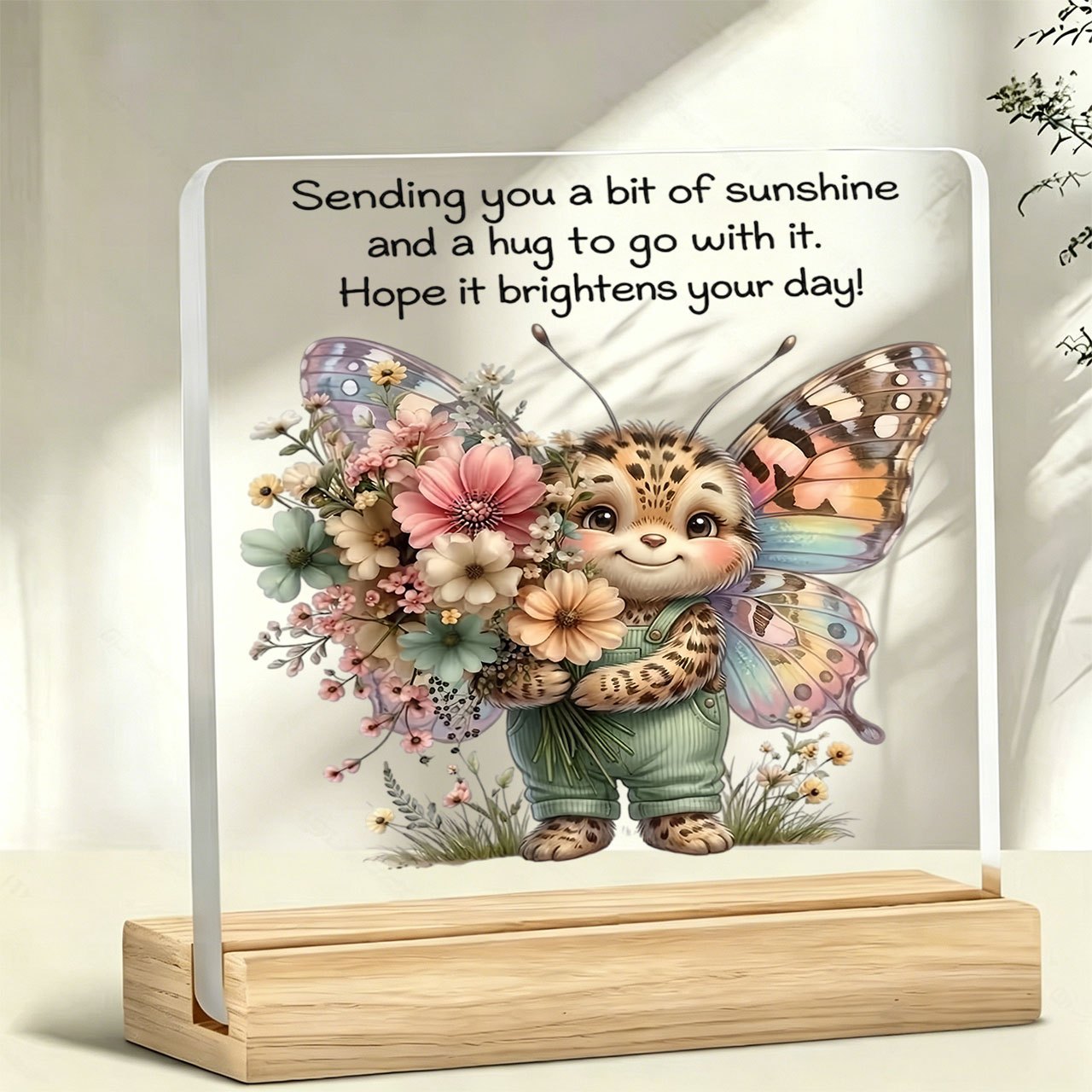 TEMU 2d Flat, 1pc Bouquet Little Leopard Standing Figure Ornament Paperweight, Inspirational Slogan, Warm Slogan, Acrylic Ornament, Home Decor, With