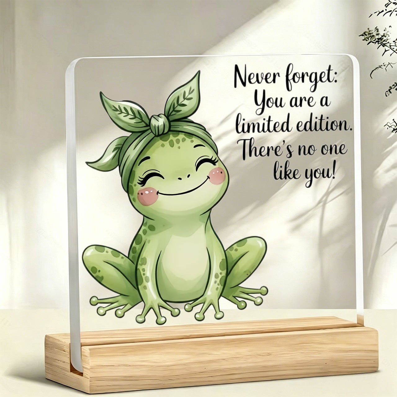 TEMU 2d Flat, 1pc Bohemian Smiling Frog Paperweight With Green Leaf Headband & Wooden Base - Acrylic Desk Decor Suitable For Home, Office, Shelf