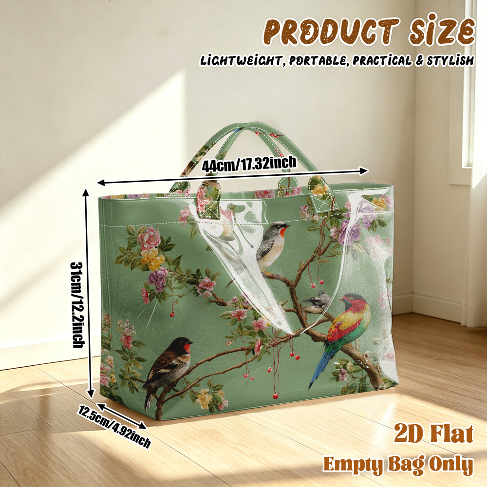 TEMU 1pc Reusable Grocery Bags, 2d Flat Printing Colorful Birds On Pattern Pvc Large Capacity Travel Tote Bag, Shopping Bag,commuting Bag,beach