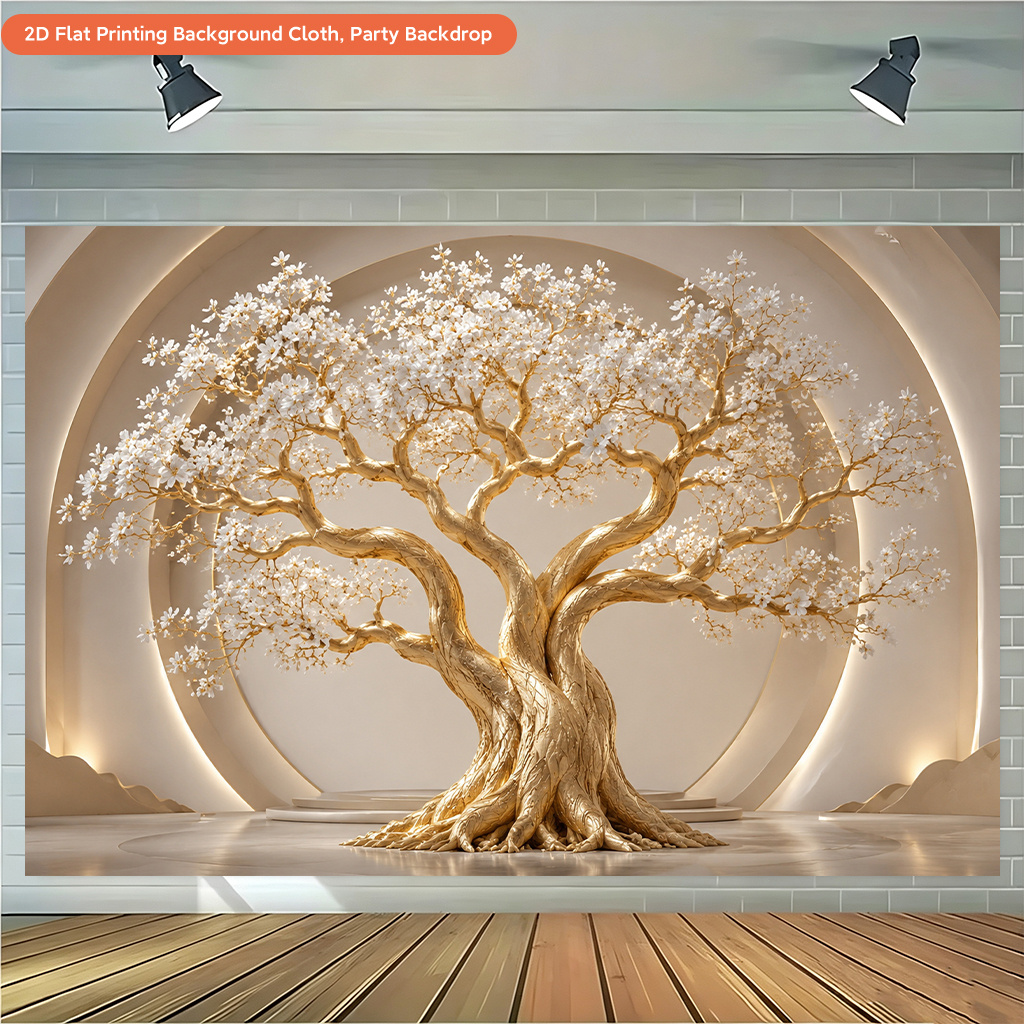 Golden Tree with White Flowers Backdrop Cloth for Holiday Party