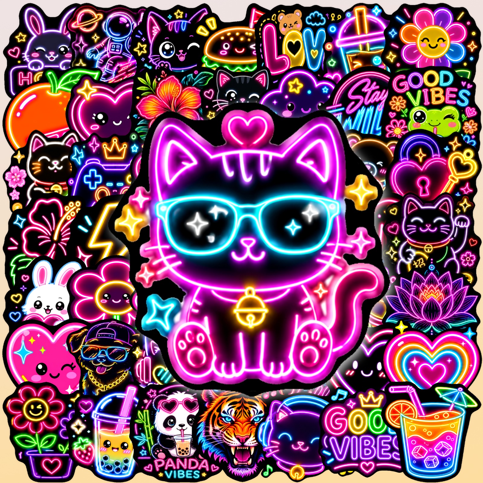 TEMU Attira l'attenzione ovunque con questi adesivi accattivanti in stile neon, confezione da 50, decalcomanie a tema animali carini, cibo e per