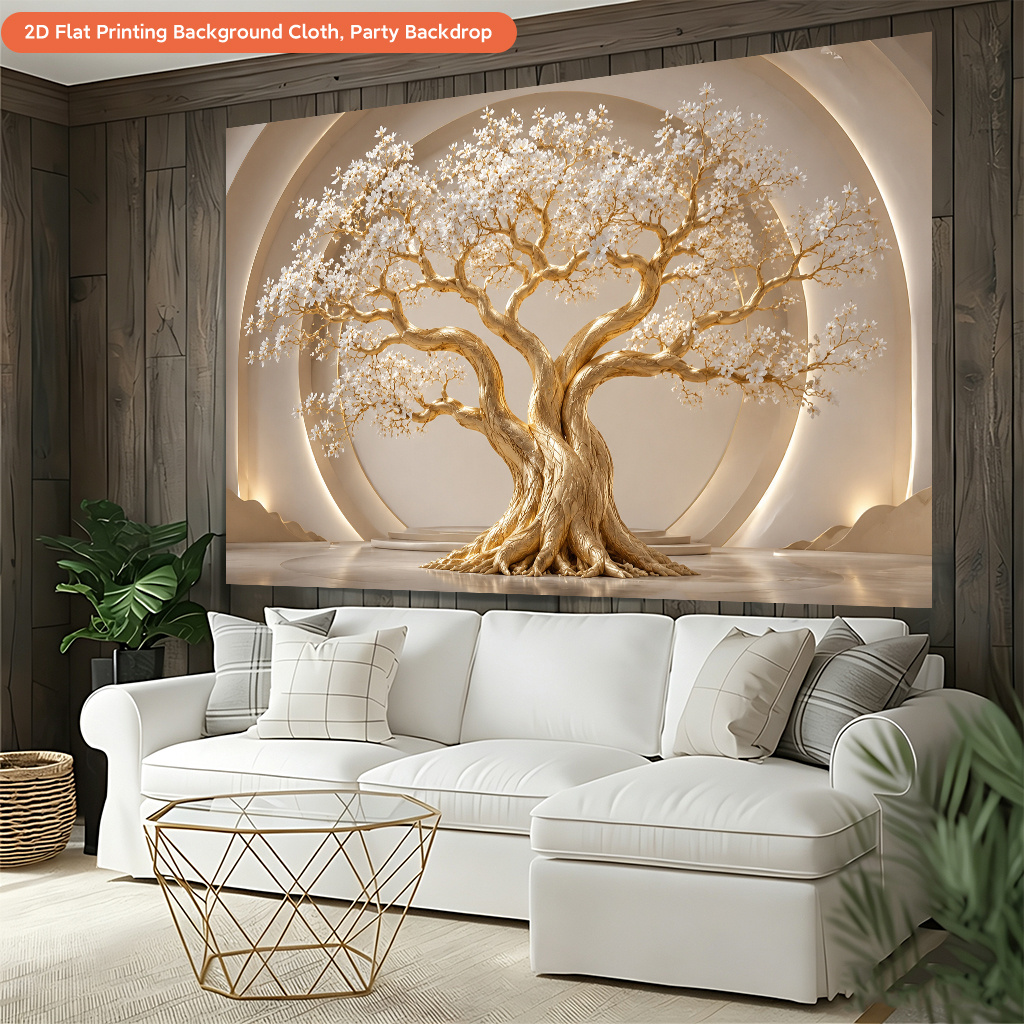 Golden Tree with White Flowers Backdrop Cloth for Holiday Party