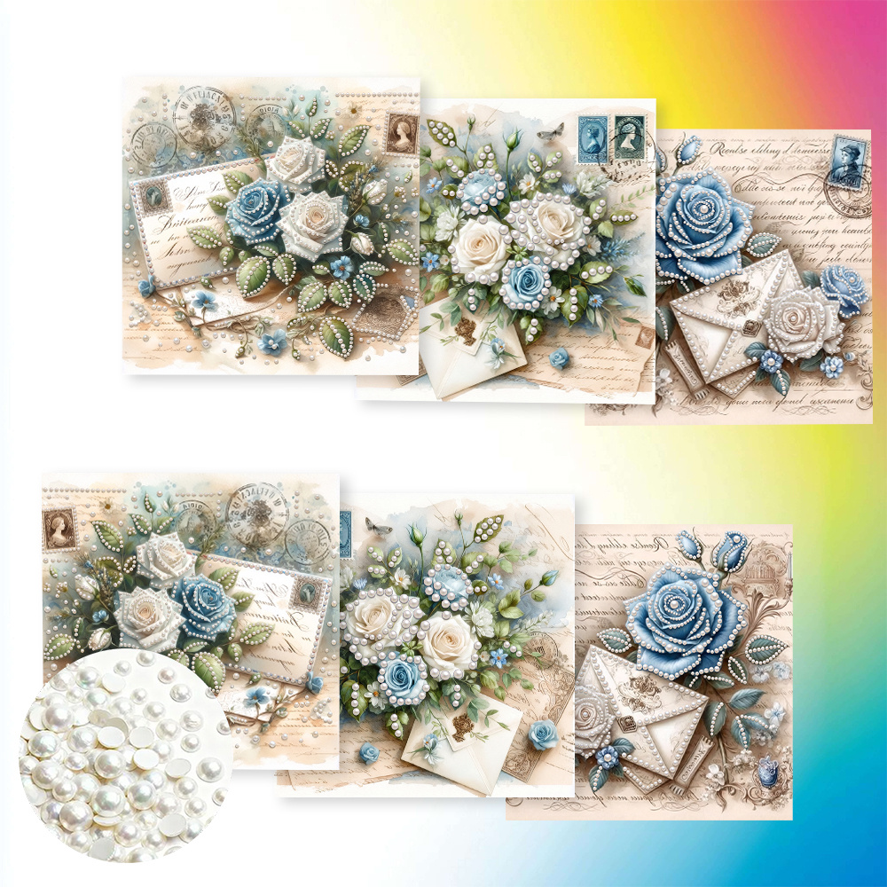 TEMU 6pcs Pearl Painting Greeting Card Set, Beautiful Cartoon Vintage Floral Envelope Pattern—pearl Diamond Design, Adult Diy Handmade Craft Kit,