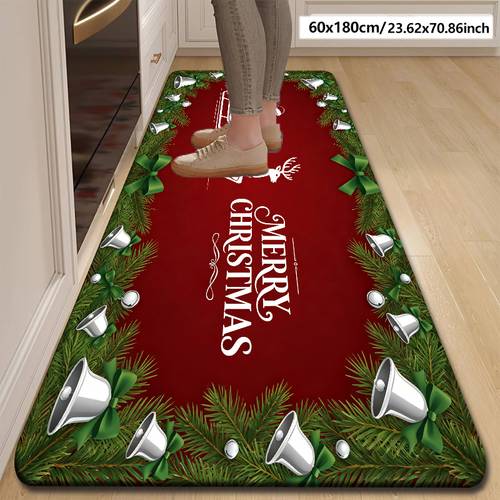 item picture 1pc christmas flannel runner rug suitable for bathroom mat non slip pvc backing absorbent machine washable with paisley striped patterns soft hallway laundry mat entryway decor