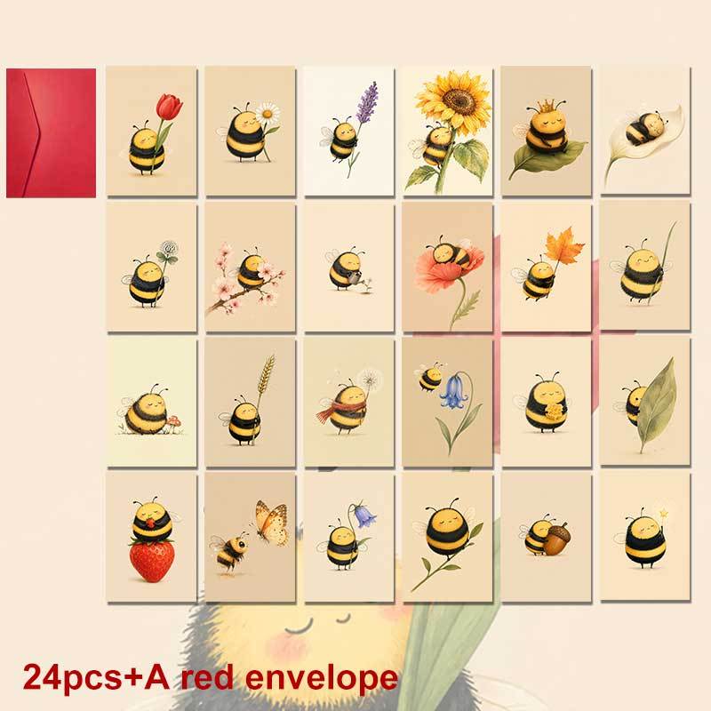 TEMU 24-pack+a Red Envelope Adorable Spring Festival Postcard, Cute Bees With Flowers And Plants Design With Text , , Seasonal Watercolor .