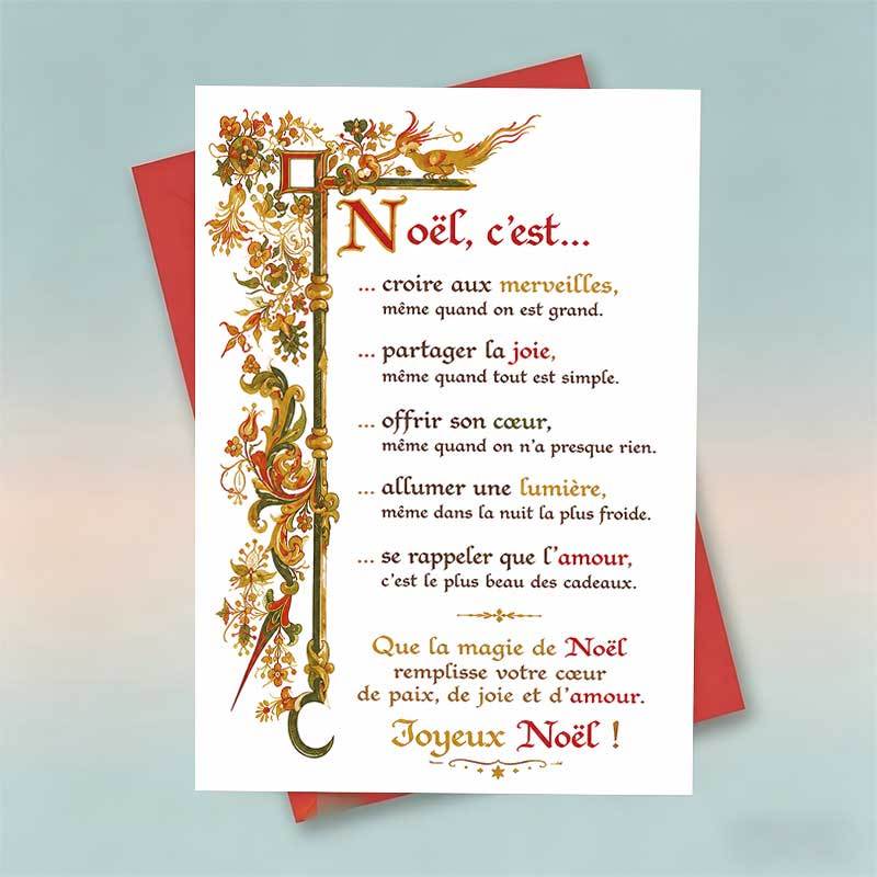 TEMU 1 carte de vœux et 1 enveloppe, carte de vœux de Noël , motif de bordure florale avec français, parfaite pour , papeterie de style vintage pour
