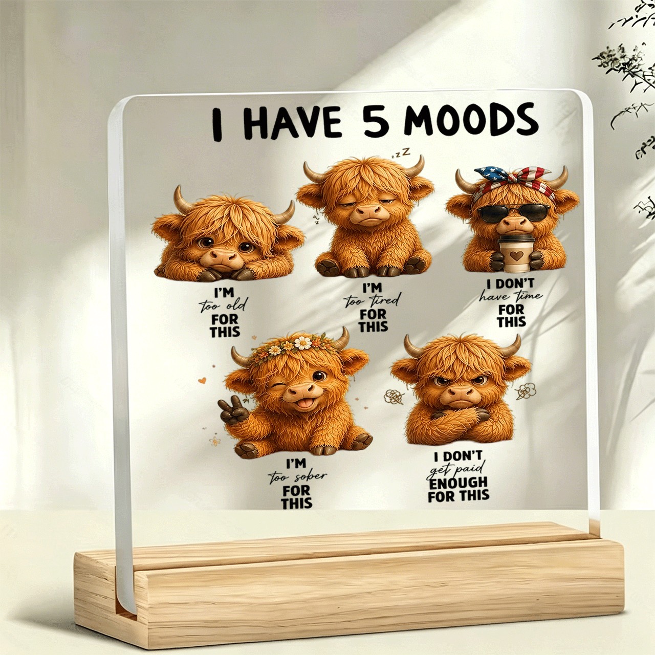 TEMU 1pc Vierge de bureau Vache à longs cheveux mignonne de dessin animé, slogan inspirant, slogan , ornement en acrylique, décoration intérieure,