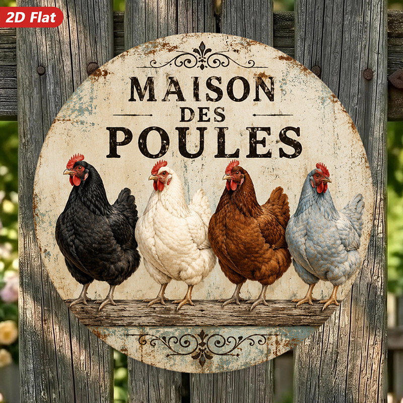 TEMU Panneau mural métallique rond plat 2D, 1 pièce, Poulailler français, convient pour , décoration d'intérieur, Maison Des Poules, poules , poules