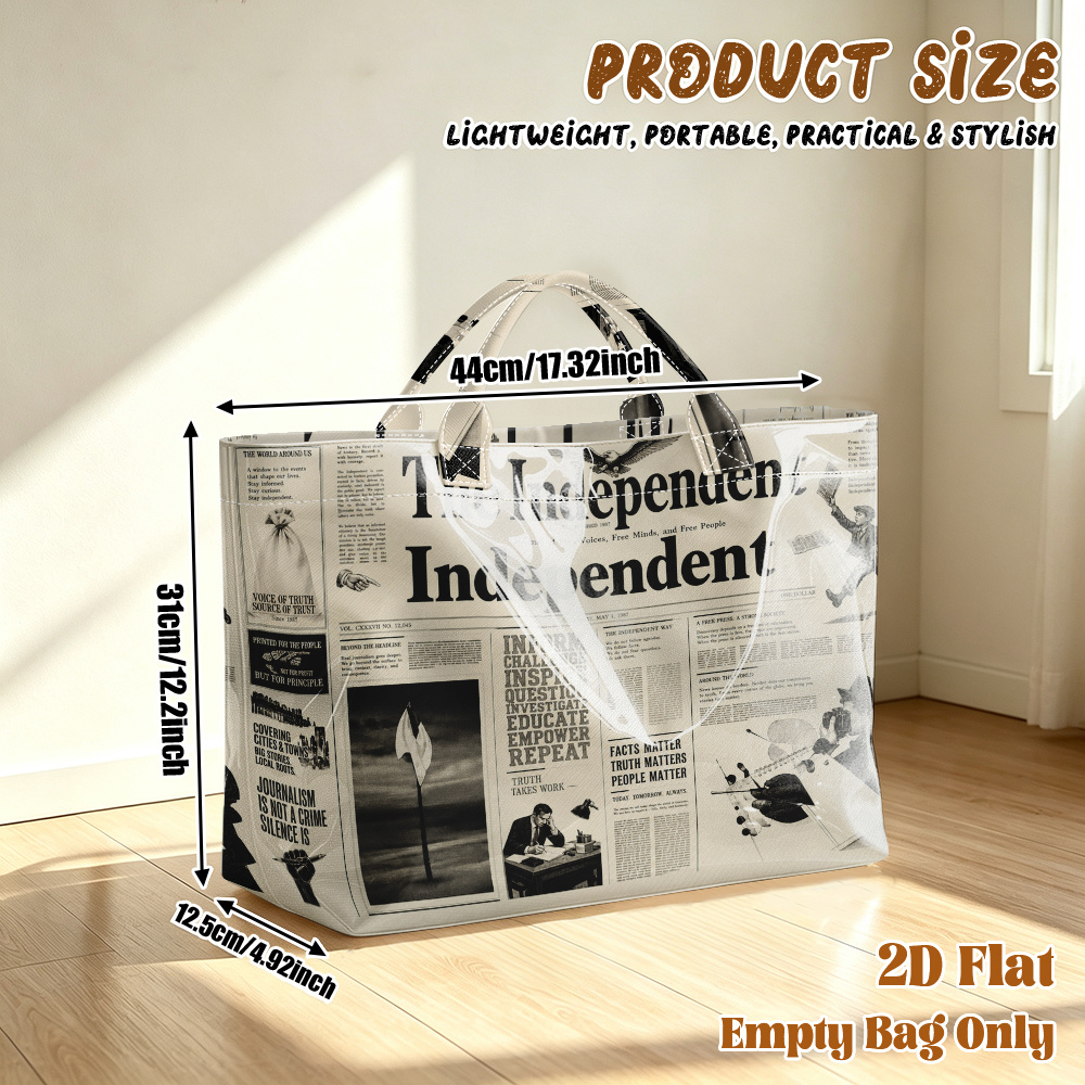 TEMU 1 pièce Sac de courses réutilisable, Sac fourre-tout de voyage en PVC grande avec motif de mise en page de journal imprimé en 2D à plat, Sac de