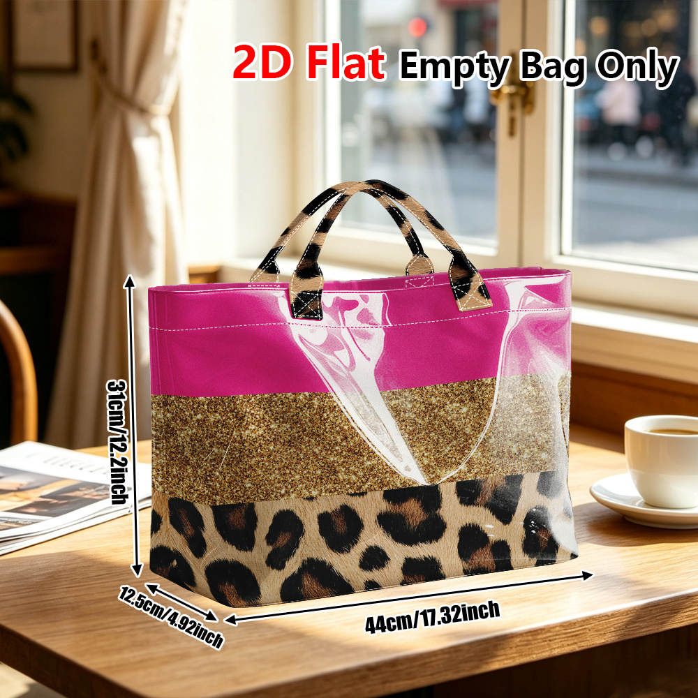 TEMU Non-food Contact, 1pc Reusable Grocery Bags, 2d Flat Glam Leopard Print Glossy Pvc Tote Bag, Large Handbag, Lightweight Carry Bag For Gym,