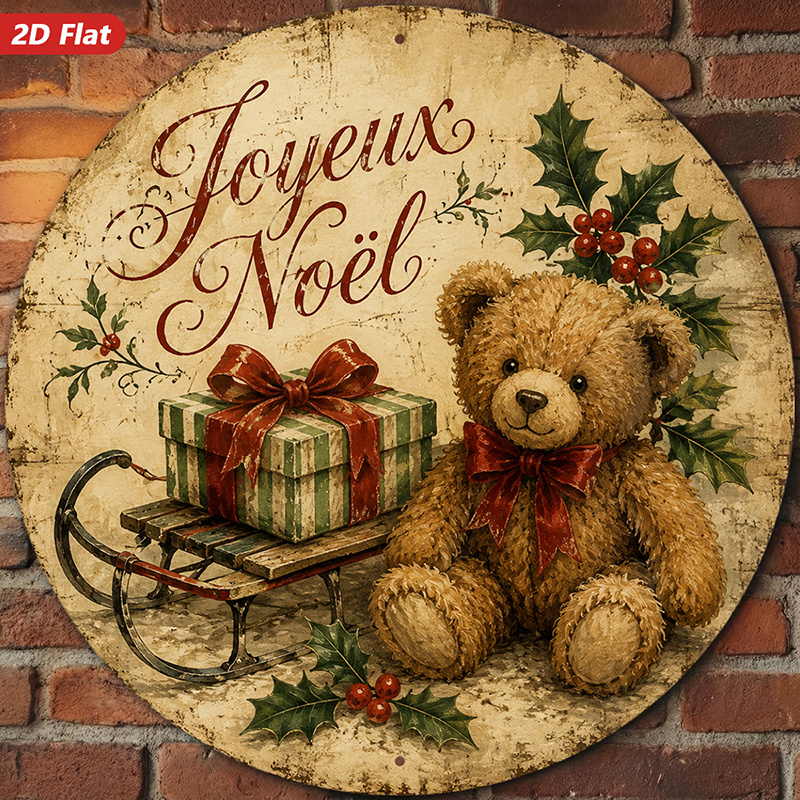 TEMU Panneau Mural Rond en Métal 1 pièce, Style Vintage de Noël avec , Plat 2D, Convient pour Salon, Espace de Travail, Cuisine, " Noël", avec Nœud