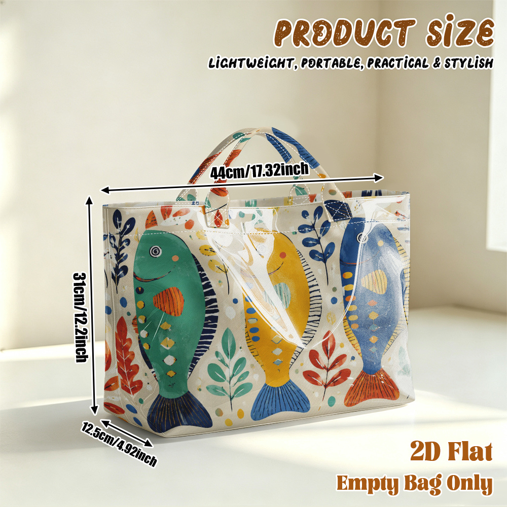 TEMU 1pc Reusable Grocery Bags, 2d Flat Printing Colorful Fishes And Flowers Pattern Pvc Large Capacity Travel Tote Bag, Shopping Bag, Commuting Bag,