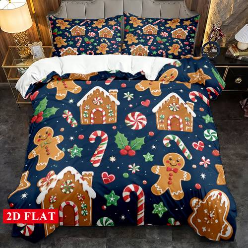 item picture 2/3pcs 2D Christmas Duvet Cover Set Gingerbread Man Christmas House Pattern Bedding, Machine Washable (1pc Duvet Cover And 1/2pcs Pillowcases, No Filling) Christmas Day Holiday Bedding Decoration for , Suitable for Bedroom, Hotel