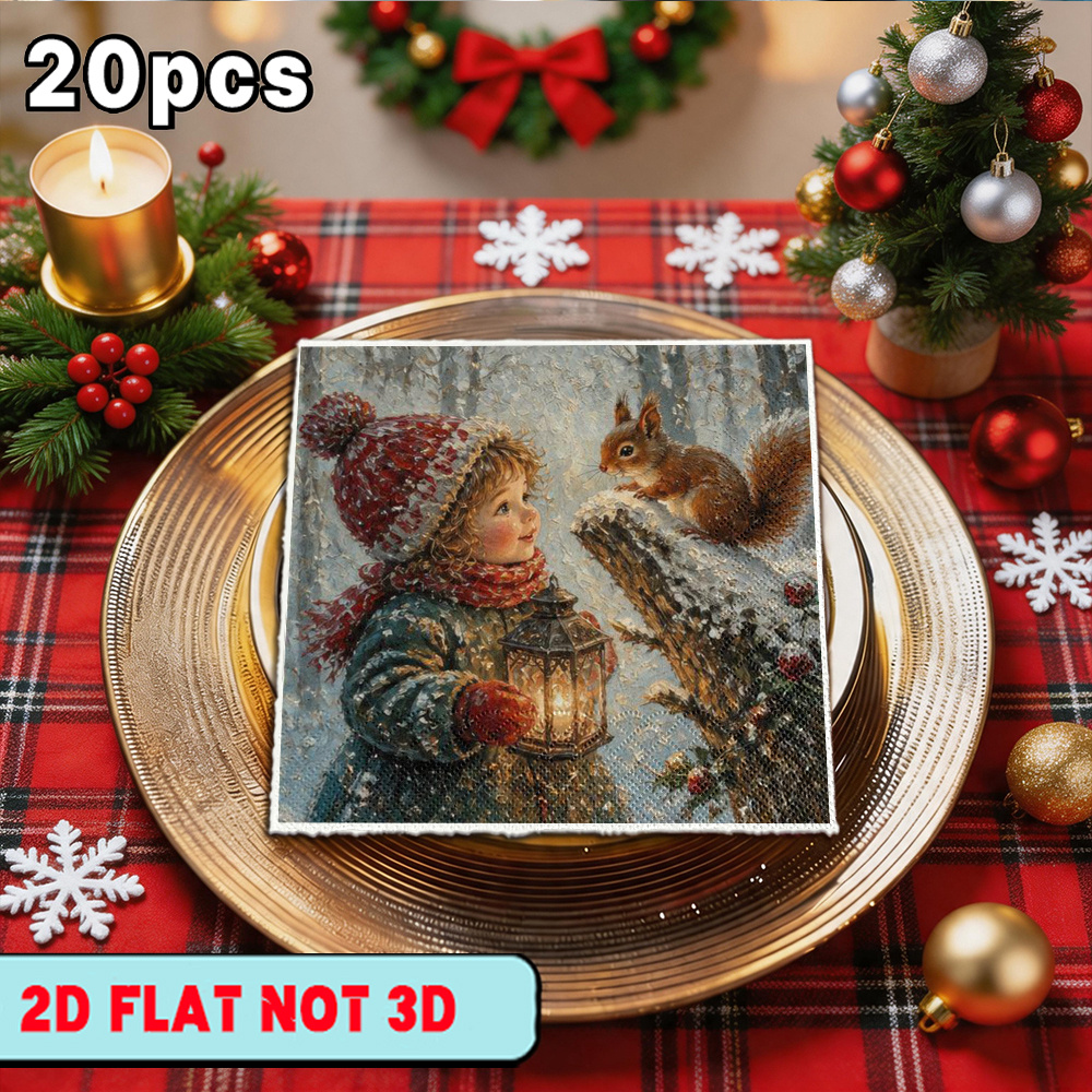 TEMU 20pcs Ysw Winter Christmas Themed Napkins Suitable For Parties, Suitable For Parties With Girl Lantern & Squirrel Snow , 2-ply Paper Sheets For