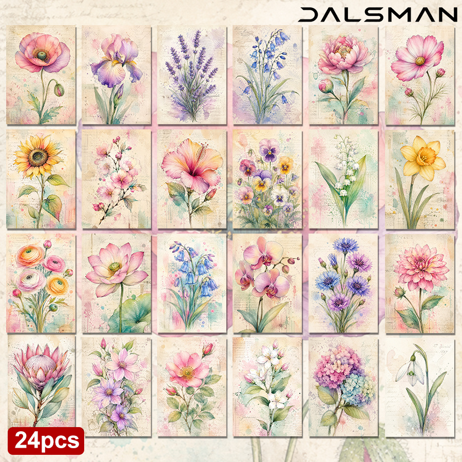 TEMU 24-pack Watercolor Floral Postcards Set Aesthetic Flower Stationery For Birthday Greeting Cards Home Decor Office Supplies Dalsman