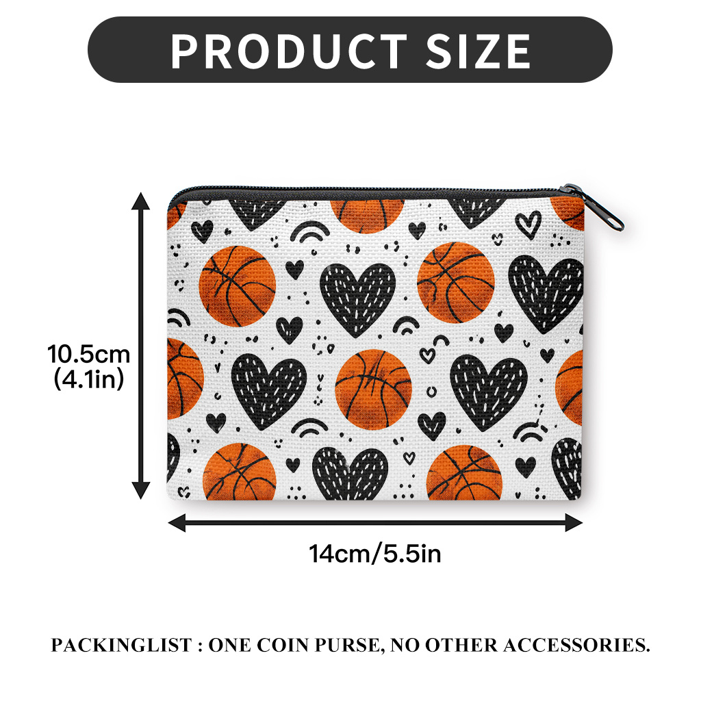 TEMU Porte-monnaie, Porte-monnaie décoré de basketball et de cœurs, Fermeture éclair, Petit sac de rangement portable pour clés, écouteurs et pièces