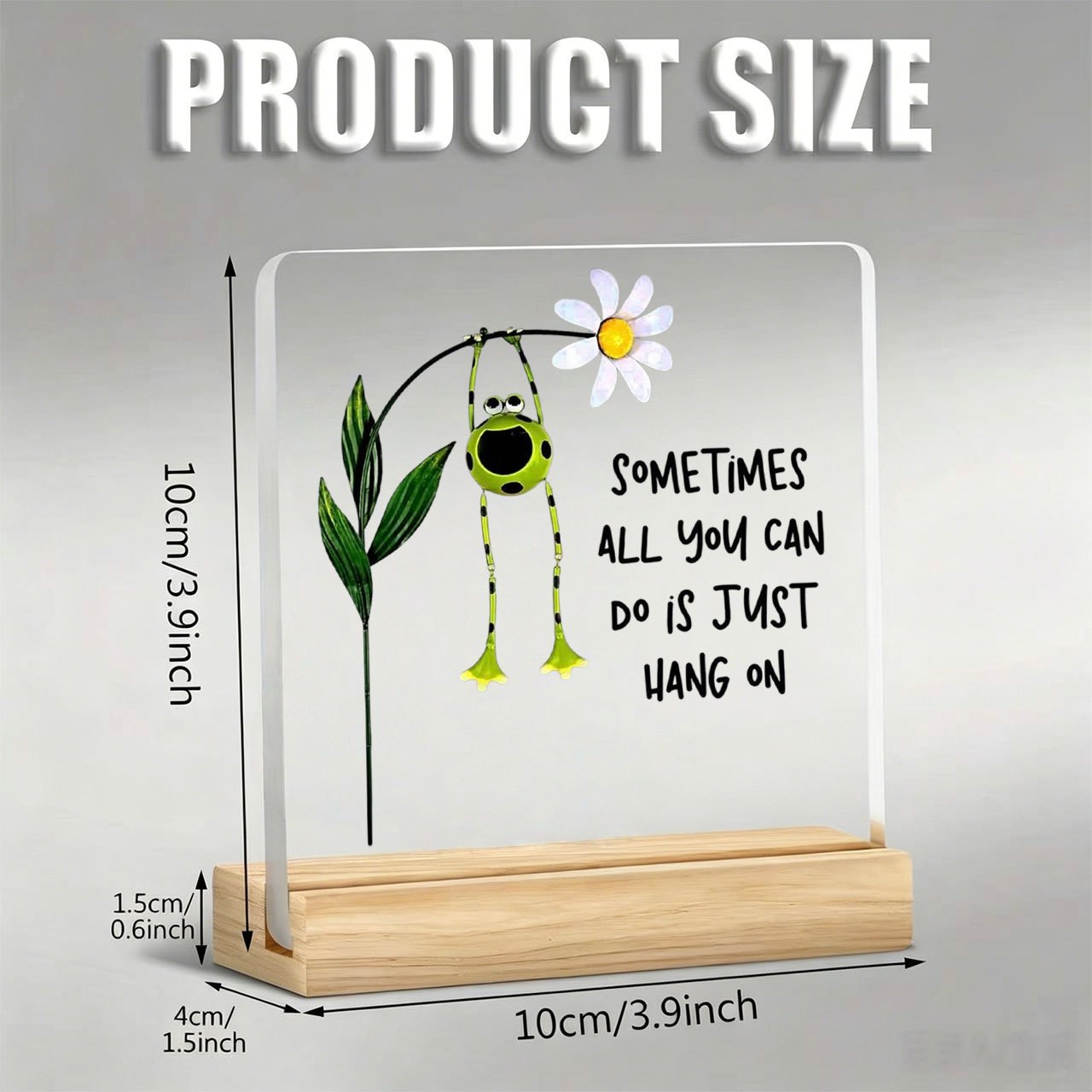TEMU 2d Flat Plane, 1pc Frog And Daisy Shaped Ornament With Warm And Inspirational Slogan, Acrylic Decoration With Wooden Base, Paperweight, Office