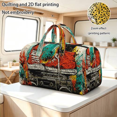 immagine dell'articolo 1 pz borsa da viaggio trapuntata con stampa piatta 2d, sneakers rosse con motivo boombox, borsa tote di capacità, per del fitness e viaggiatori, borsa da portatile, borsa da viaggio (non a contatto con alimenti)