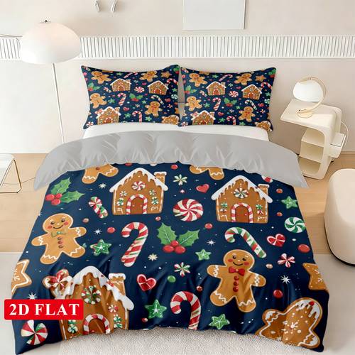 2/3pcs 2D Christmas Duvet Cover Set Gingerbread Man Christmas House Pattern Bedding, Machine Washable (1pc Duvet Cover And 1/2pcs Pillowcases, No Filling) Christmas Day Holiday Bedding Decoration for , Suitable for Bedroom, Hotel