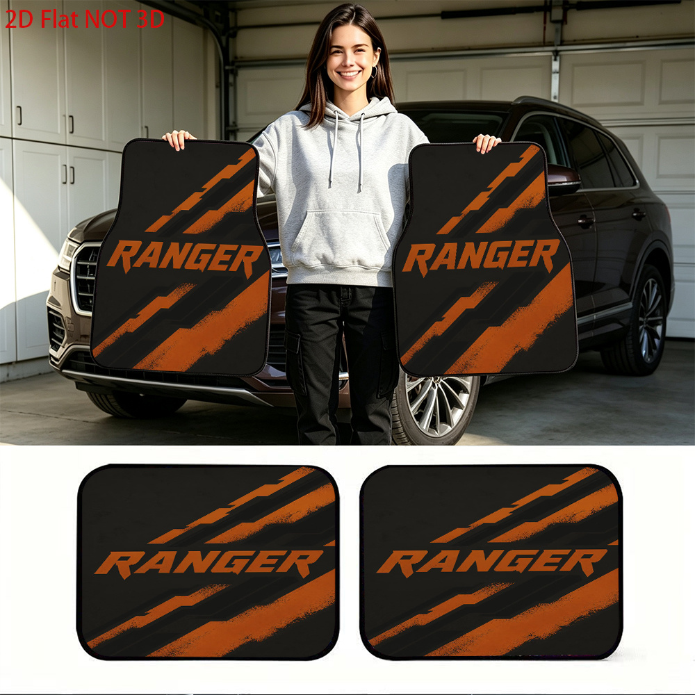 TEMU 2d Flat 4pcs Set, Universal Automotive Floor Mats Featuring A "minimalist Sport" Style Pattern, Car Interior Decoration, "orange Striped Ranger"