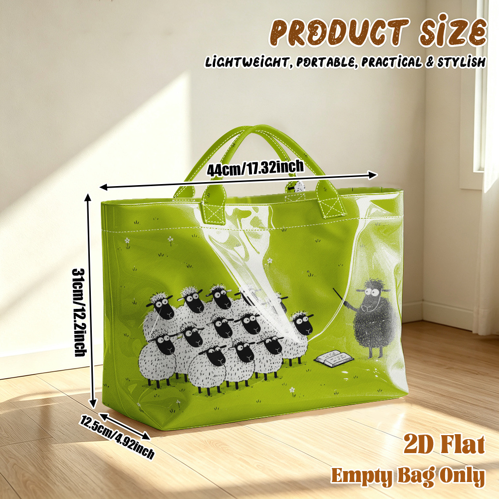 TEMU 1pc Reusable Grocery Bags, 2d Flat Printing Black Sheep Teaching Pattern Pvc Large Capacity Travel Tote Bag, Shopping Bag, Commuting Bag, Beach