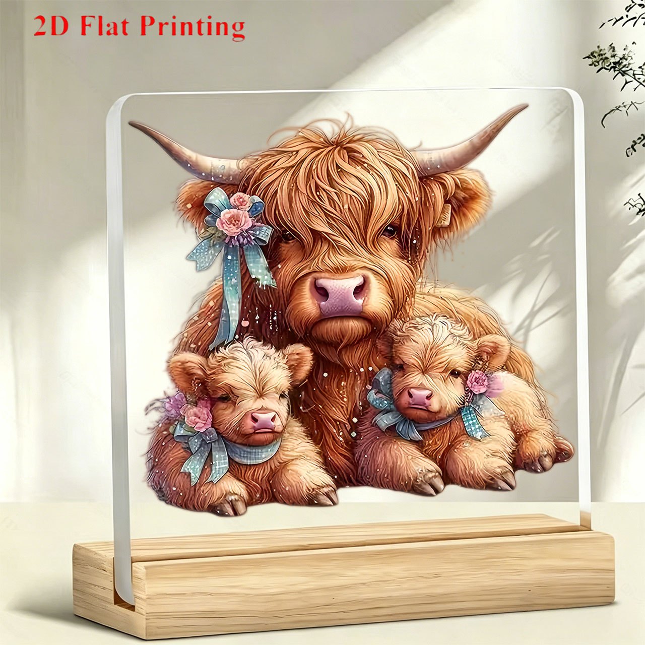 TEMU 2d Flat 1pc Cute Highland Cow Mother And With Floral Bow Paperweight Inspirational Desktop Ornament Office Tabletop Bar Decoration Coworker