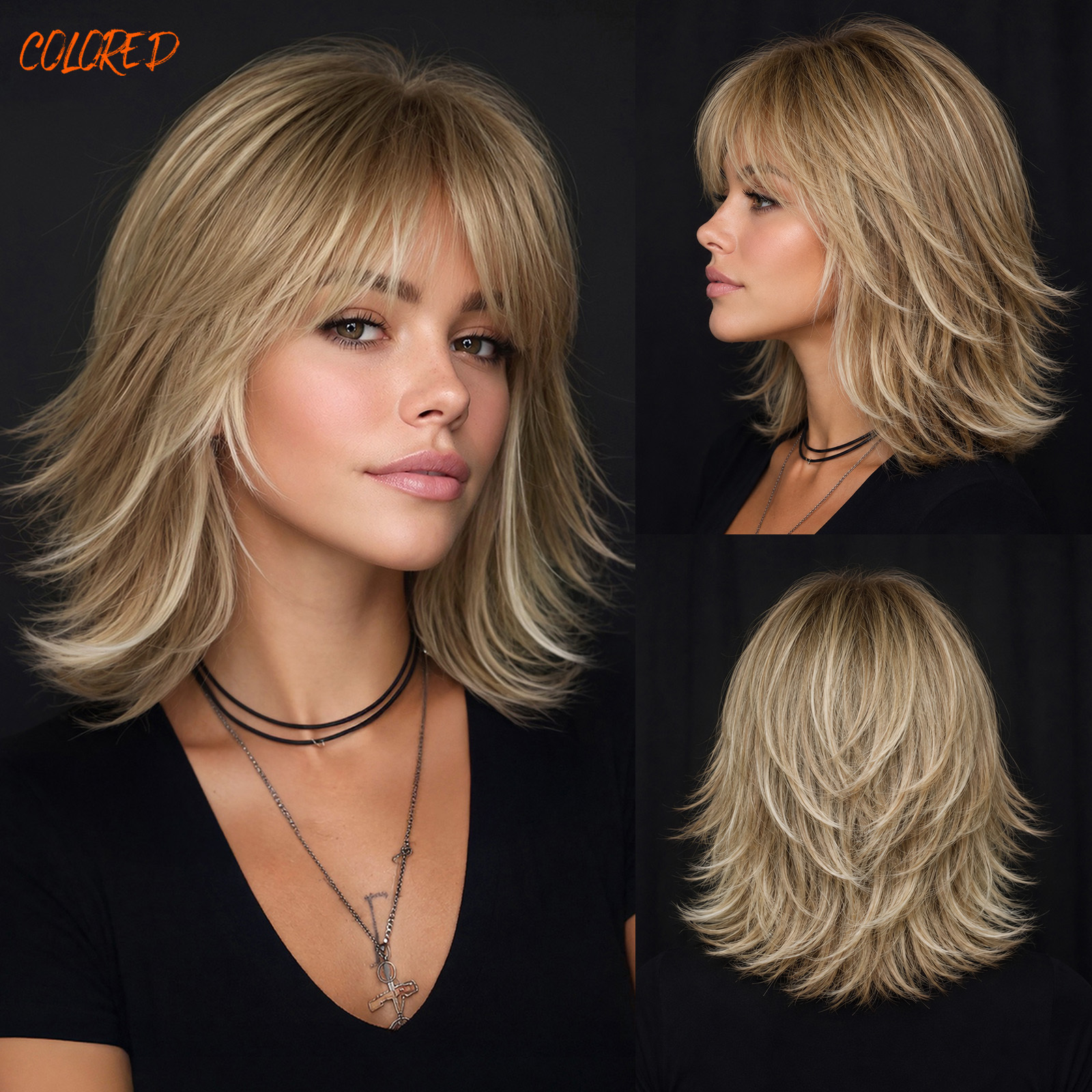 TEMU 12-inch Light Golden Ombre Wolf Tail Layered Medium Short Wig, Lazy Women's Headpiece, Suitable For Photoshoots, City Street Style, And Best