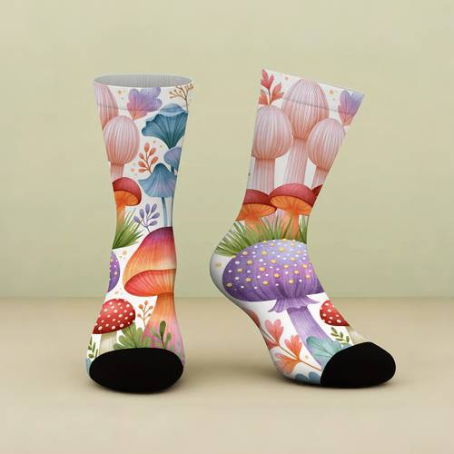 item picture 1 pair of printed socks a colorful combination of mushrooms and autumn winter mens fashion sports socks fun womens casual socks couples style soft comfortable and breathable calf socks trendy socks suitable for