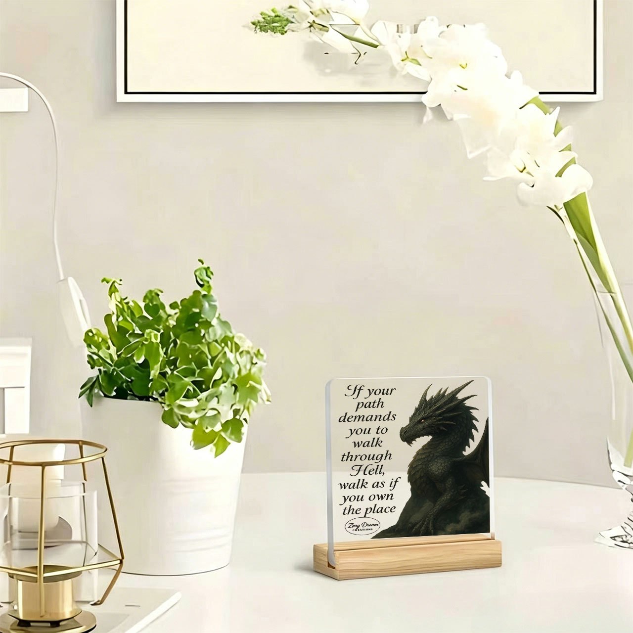 TEMU 1pc Dragon Knight, Dragon Pattern Decorative Ornament With Slogan, Warm And Inspirational Quote, Acrylic Ornament With Wooden Base, Paperweight,