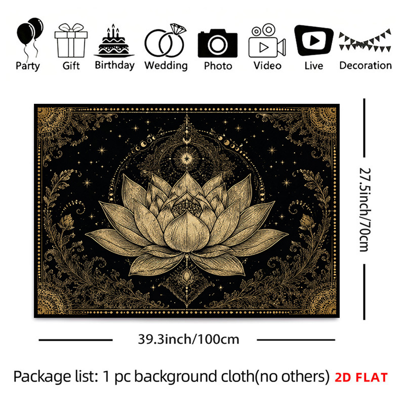 TEMU 2d Flat - 2d Flat - 2d Flat Print 1pc Tapestry Black Golden Lotus Wall Hanging Zen Home Decor Wall Hanging For Living Room, Bedroom, Office,