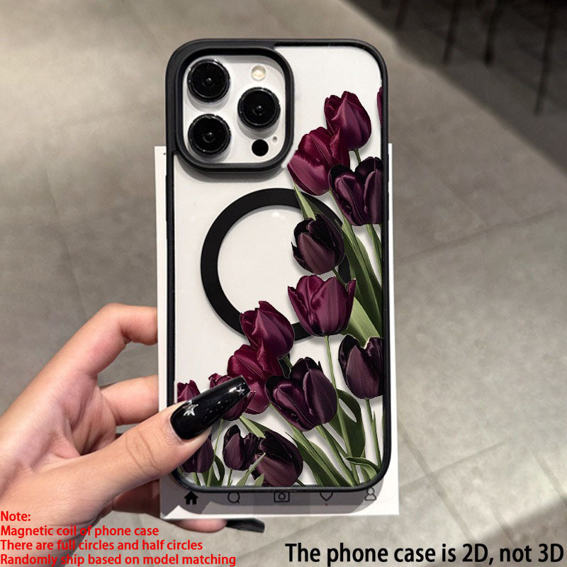 TEMU Phone Case: 1pc Random, 2d Flat Vintage Dark Purple Tulip Pattern Transparent Back Panel Magnetic Phone Case With Wireless Charging Support,