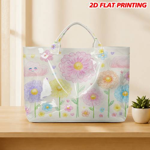 item picture christmas halloween 1pc womens colorful hand drawn flowers pattern 2d flat pattern pvc tote bag chic handbag for beach vacation weekend outing picnic daily shopping gift for