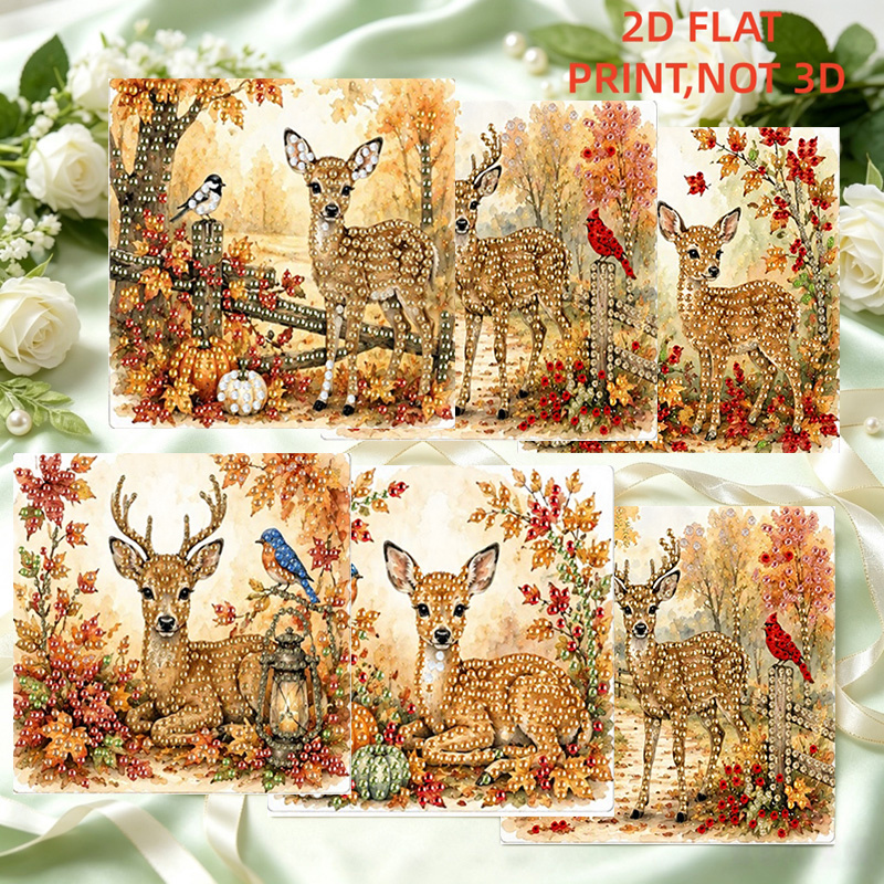 TEMU 6pcs Diamond Painting Kit - Diy Autumn Forest Fawn Themed Painting Holiday Greeting Card Kit, Diy Special Shape Art Mosaic Postcard, Holiday