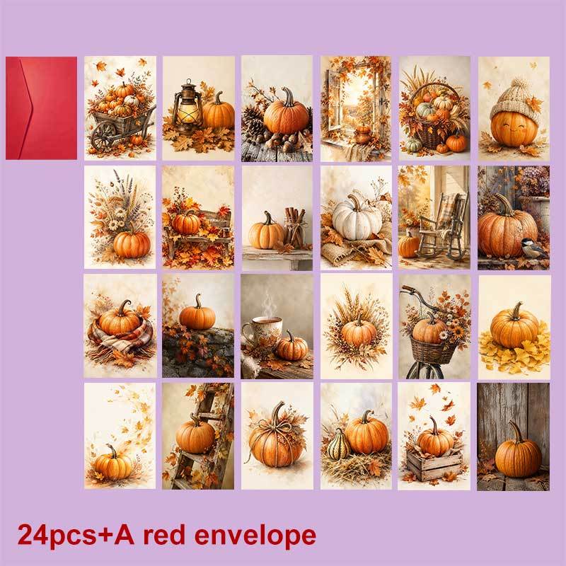 TEMU Lot de 24 + automnale récolte douillette avec enveloppe rouge, scène de citrouille et de feuilles mortes , convient , carte de vœux rustique