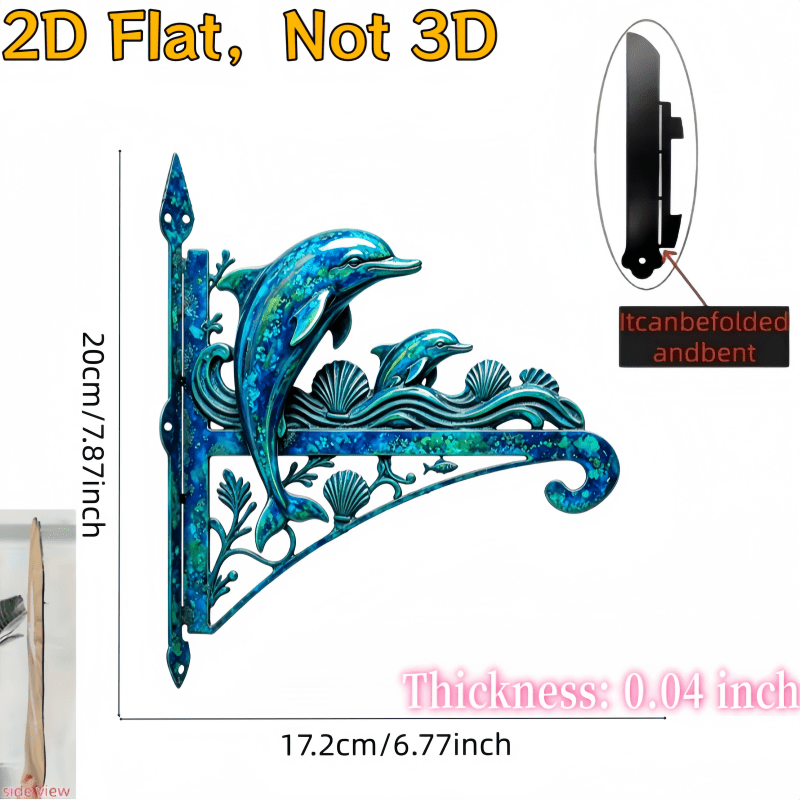 TEMU 2d Flat 1pc Inch Metal Hanging Bracket Hook, Vibrant Turquoise Mother Dolphin With Calf Wave Shell Coral Decorative Plant Hanger, Tropical