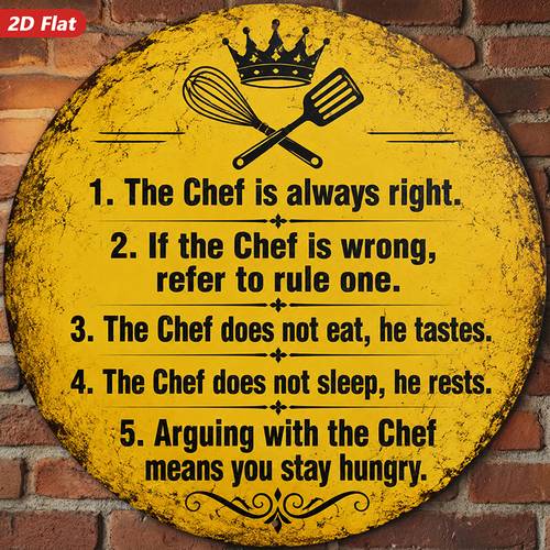item picture 2d flat 1pc chef kitchen humor round metal sign wall art yellow round sign rules quote is right distressed vintage look home decor accent weatherproof for indoor outdoor decor durable 2d flat