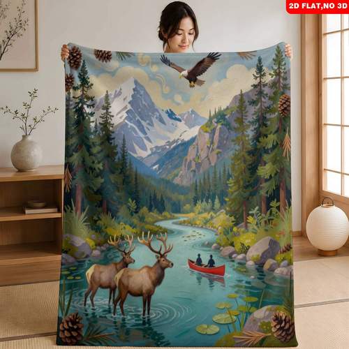 1pc ultra soft lightweight multiple sizes nature landscape bedding with river deer print suitable for bedrooms sofa dormitories or reading use