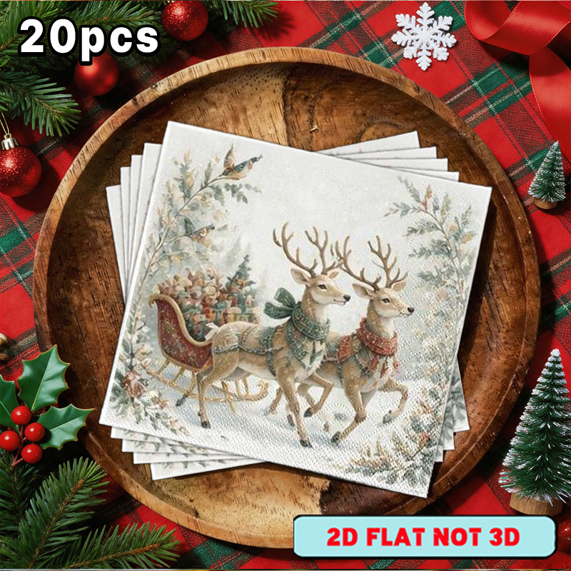 TEMU 20pcs Ysw Reindeer Sleigh & Christmas Gifts Napkins - 2-ply Paper Suitable For Parties, Restaurants, For Use | Multi-holiday Tableware With