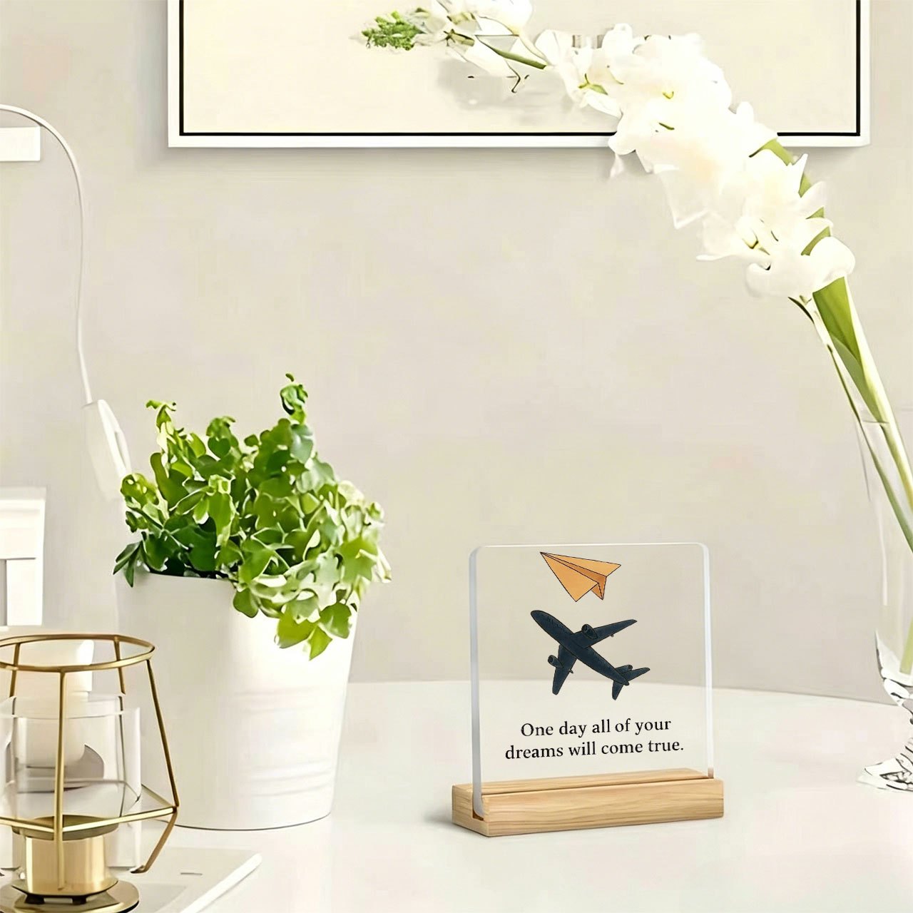 TEMU 1pc Aircraft Paper Airplane Pattern Ornament Slogan Ornament Warm, Inspirational Slogans, Acrylic Ornaments, With Wooden Base, Paperweight,