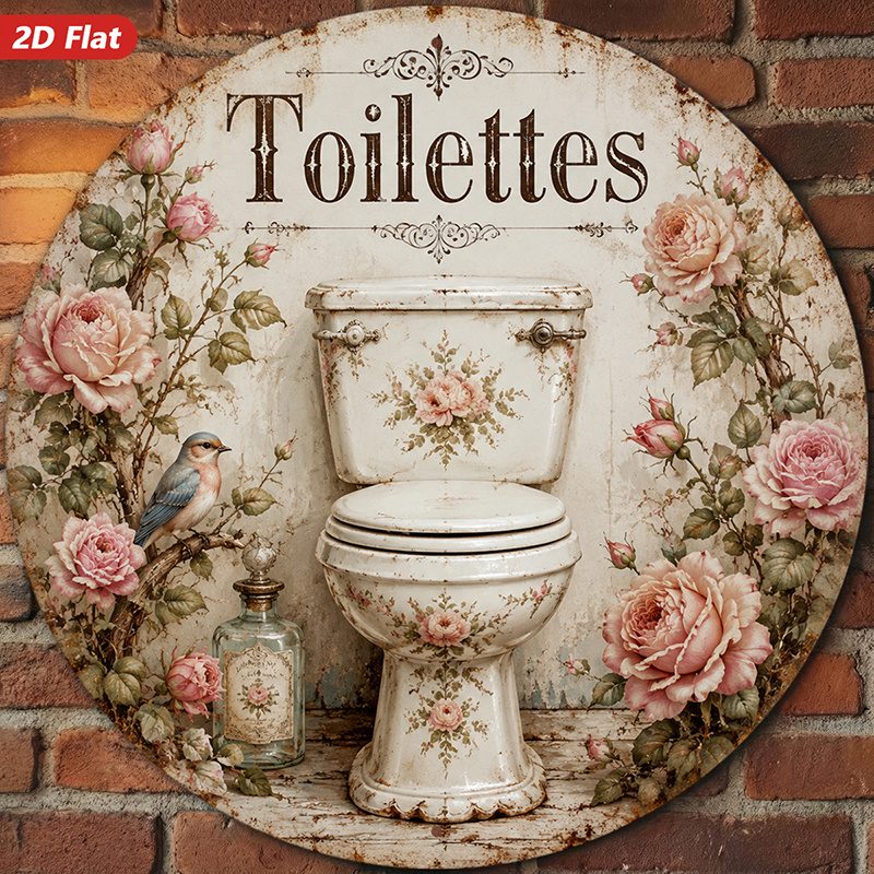 TEMU Plaque Métallique Ronde 2D Plate, 1pc Vintage avec Roses de Salle de Bain, Art Mural, Toilettes, Illustration Florale de Toilettes, Décoration
