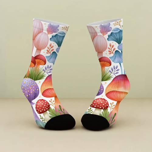 1 pair of printed socks a colorful combination of mushrooms and autumn winter mens fashion sports socks fun womens casual socks couples style soft comfortable and breathable calf socks trendy socks suitable for