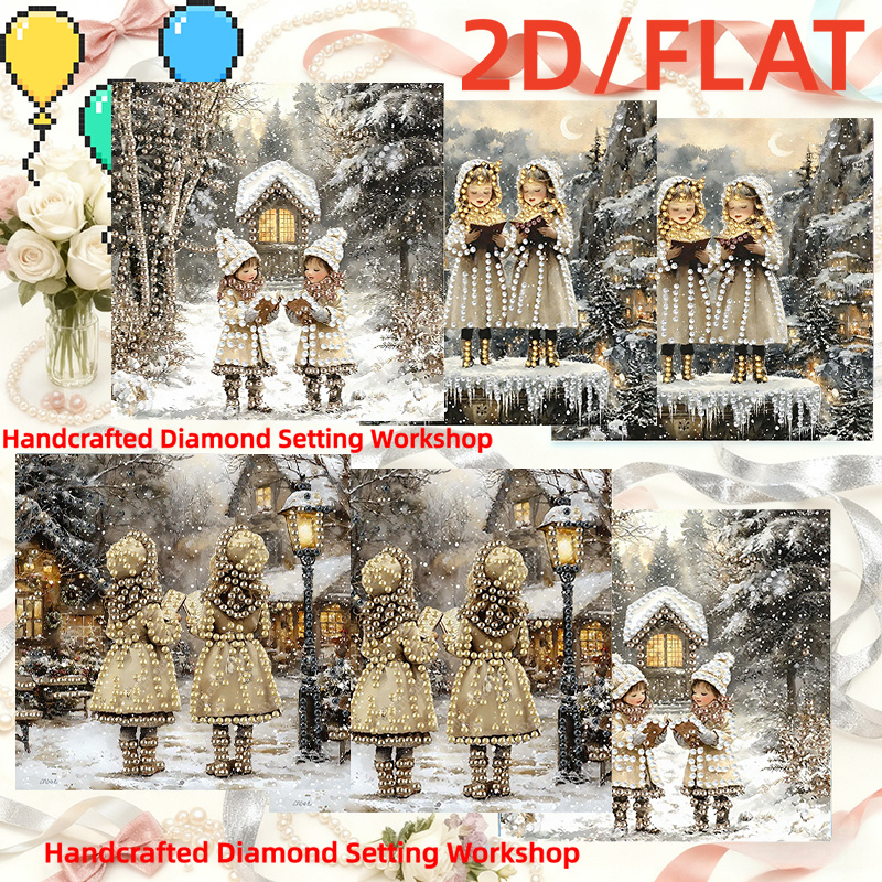 TEMU 6 stuks Retro Winter Kerken Meisje Sneeuwhuis Straatlantaarn Ijskling Sneeuwlandschap Bospatroon 2D Platte Diamant Schilderij Kaart Set, Retro