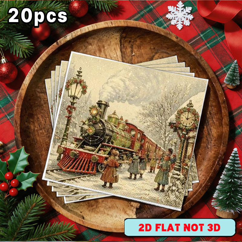 TEMU [2d Flat] 20pcs Winter Christmas Themed Napkins, With Vintage Christmas Train Station Scene , Suitable For Parties, Outdoor Gatherings, Western